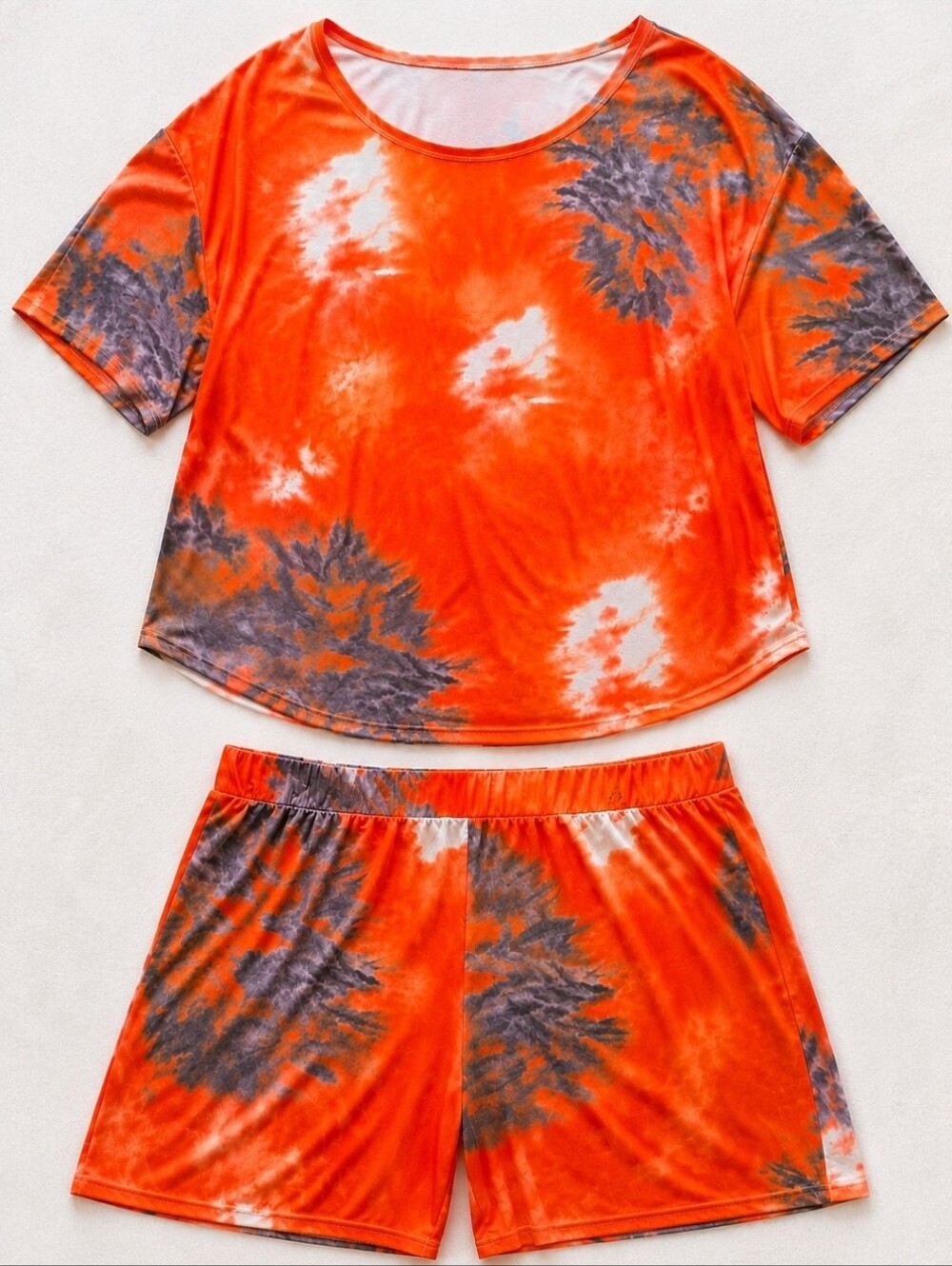 Women's Plus Size 5XL Tie Dye 2 Piece Soft Lounge Set Orange Gray Stretch Shorts